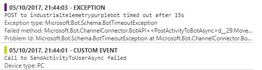 Exception type: Microsoft.Bot.Schema.BotTimeoutExceptionFailed method: Microsoft.Bot.ChannelConnector.BotAPI. Call to SendActivityToUserAsync failed